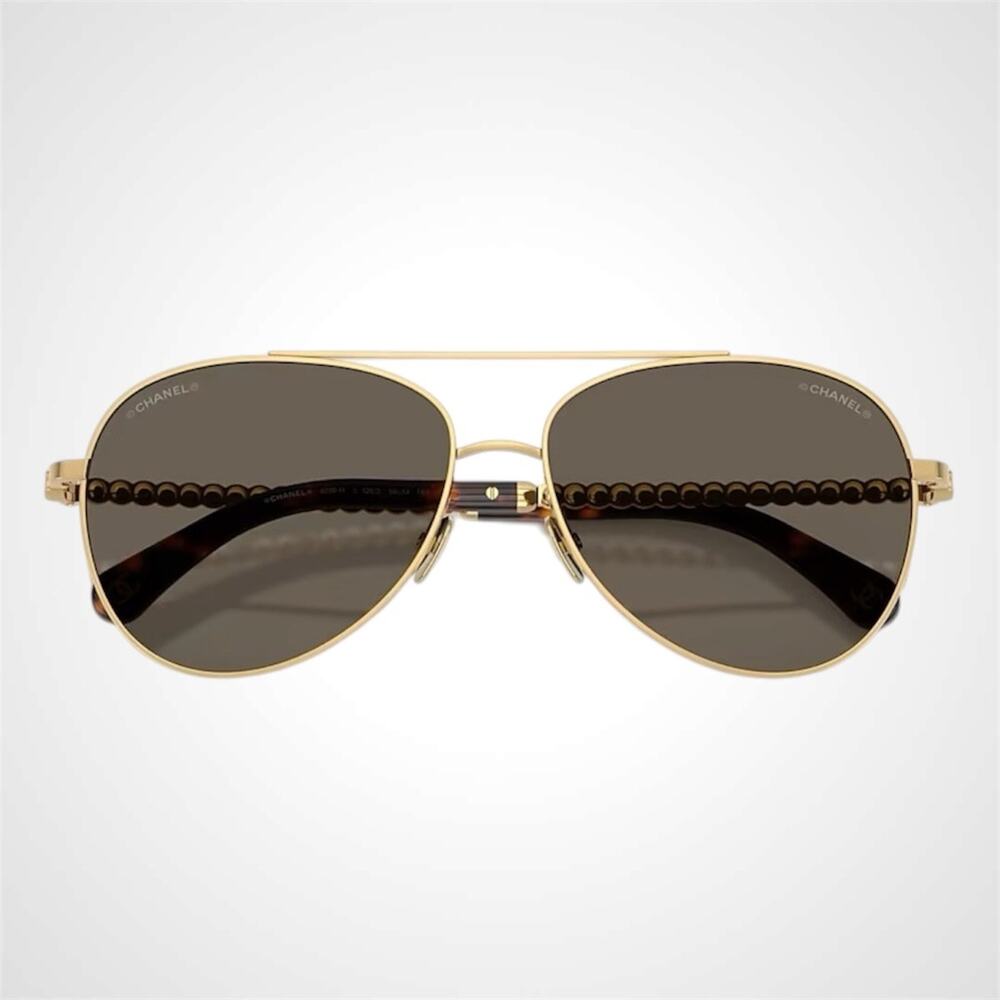 New CHANEL Sunglasses Gold Brown Metal Aviator Pilot White Pearl Arms Authentic - Picture 6 of 7